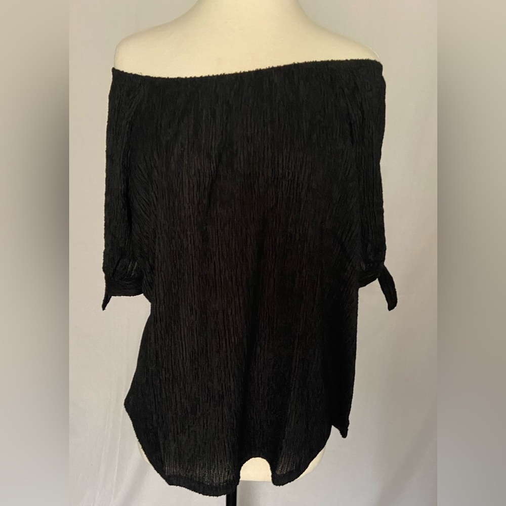 NWT Style & Co Women's Off The Shoulder Tie Sleeve Crinkle Black Top Sz 3X